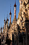 Rows of stupas in the Kakku (Kekku) Pagoda complex. The complex was kept hidden from the rest of the world until 2002 when it was opened to foreigners. Shan State, Burma (Myanmar). 